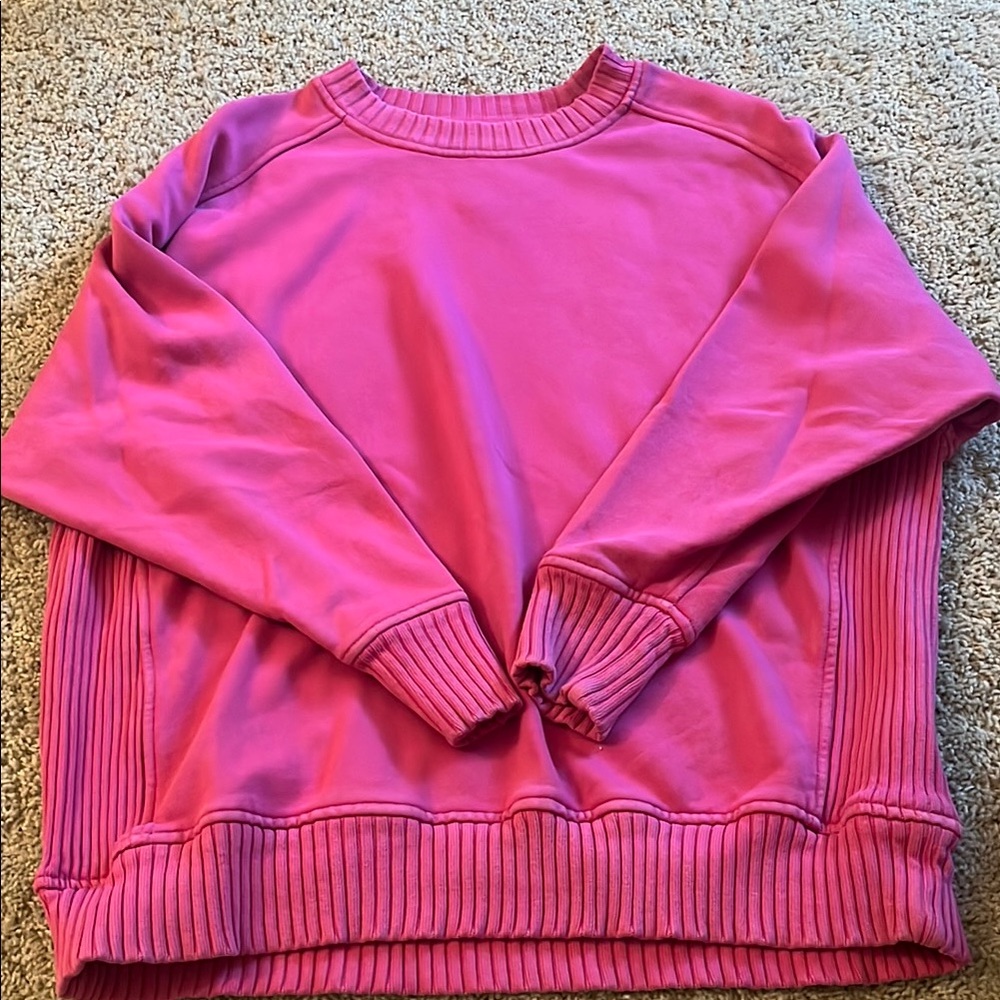 Aerie Pink Crewneck Sweater with Ribbed Detailing